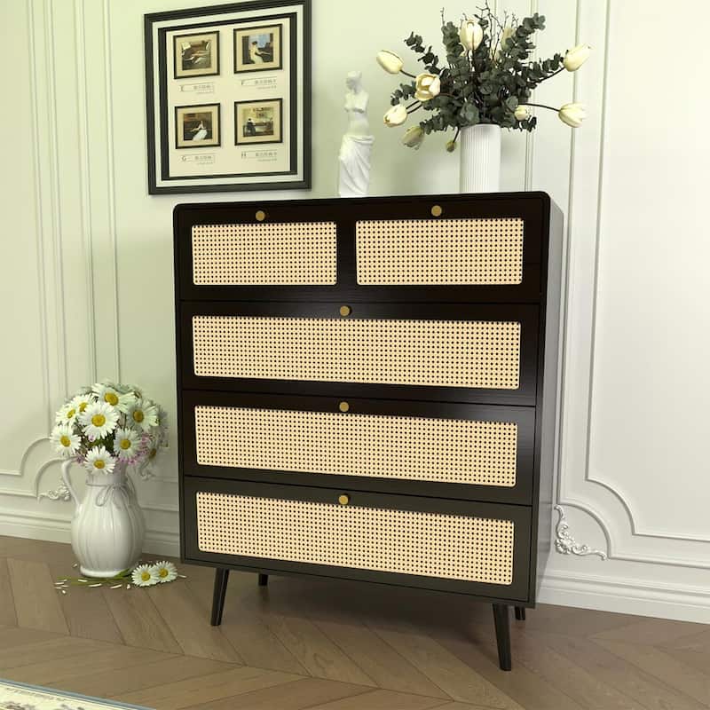 Modern Rattan Dressing Counter with Metal Handle Drawers