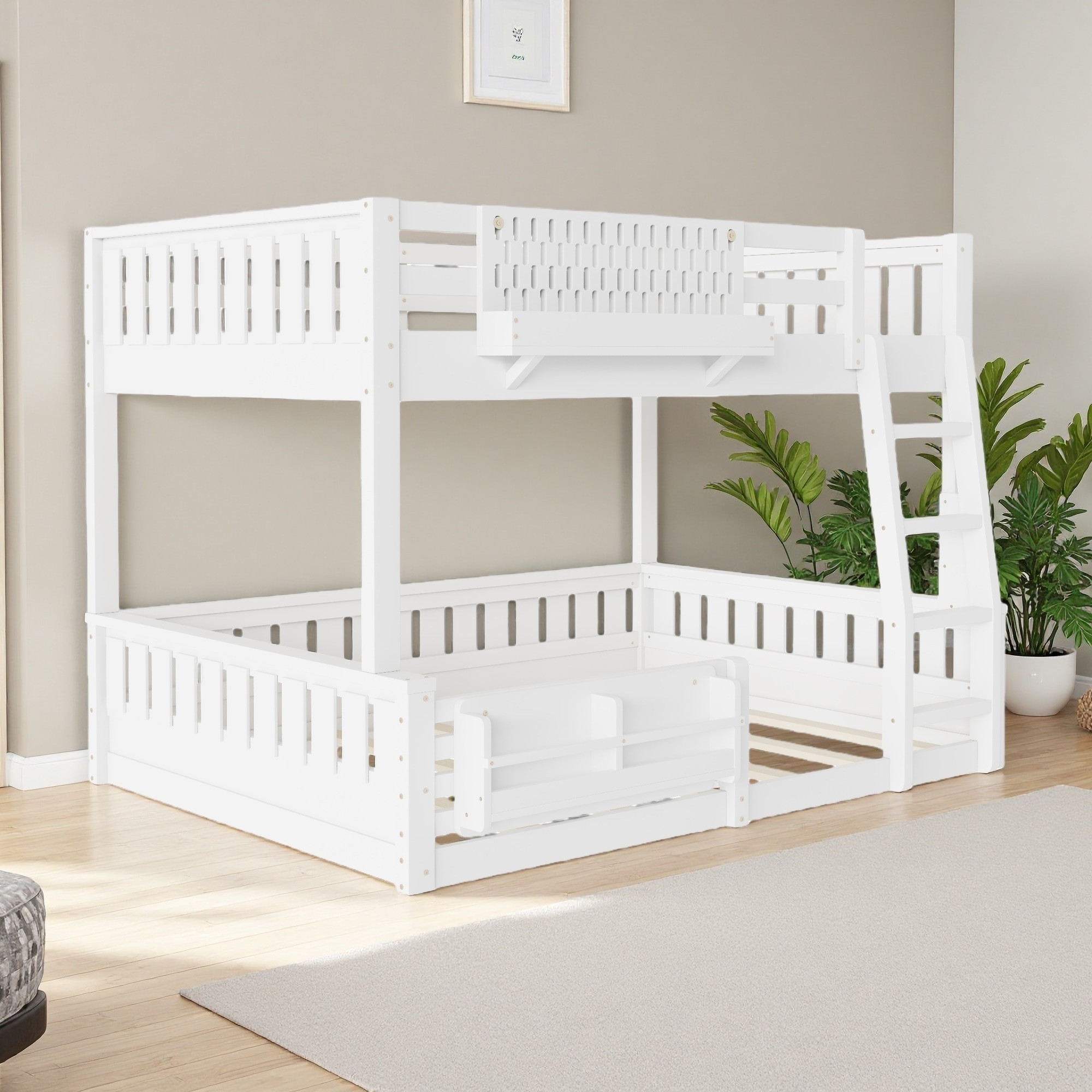 Full XL over Queen Wood Bunk Bed with Pegboard, Bookshelf & Ladder