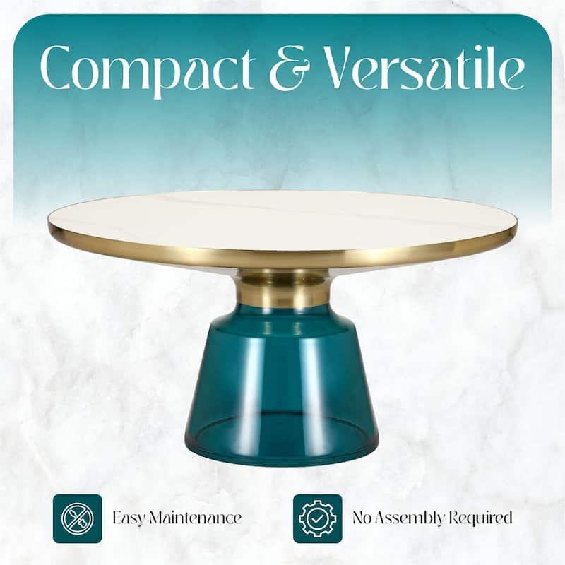 Tully Modern Round Glass/Stone Coffee Table with Brushed Gold Iron Rim Frame Glass Pedestal Base Fully Assembled