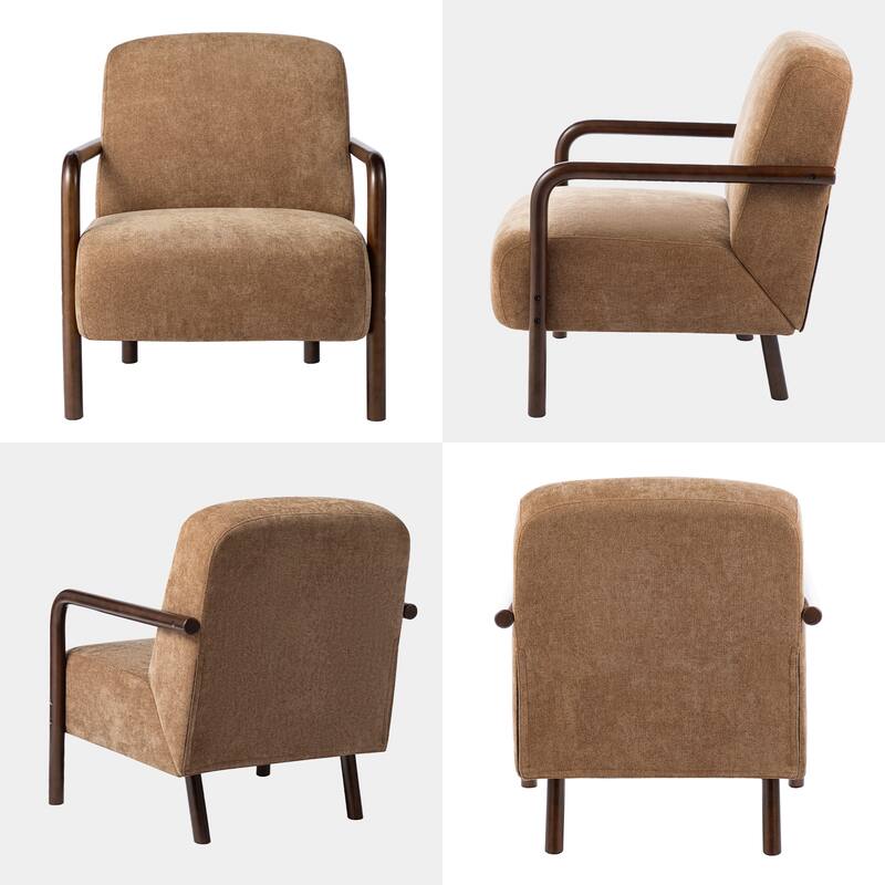 Glitzhome Set of 2 Mid-Century Modern Brown Fabric Thick Armchair with Walnut Rubberwood Frame