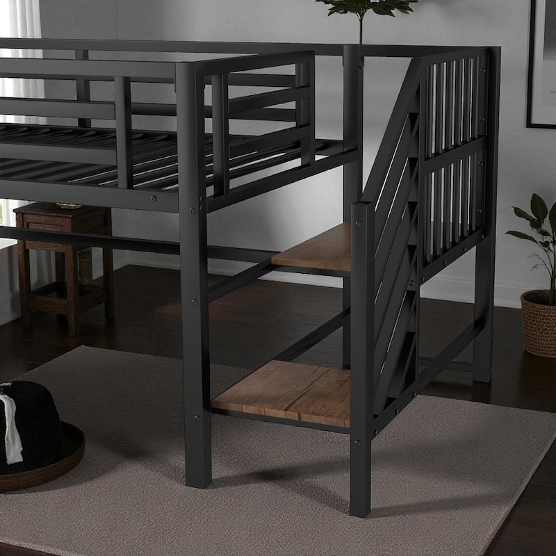 Low Twin Metal Loft Bed with Stairs and 6 Storage Cubbies, Space-Saving Kids Loft Bed Frame