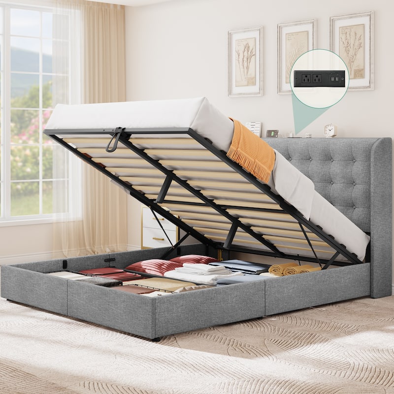 Moasis Upholstered Platform bed with a Hydraulic Storage System
