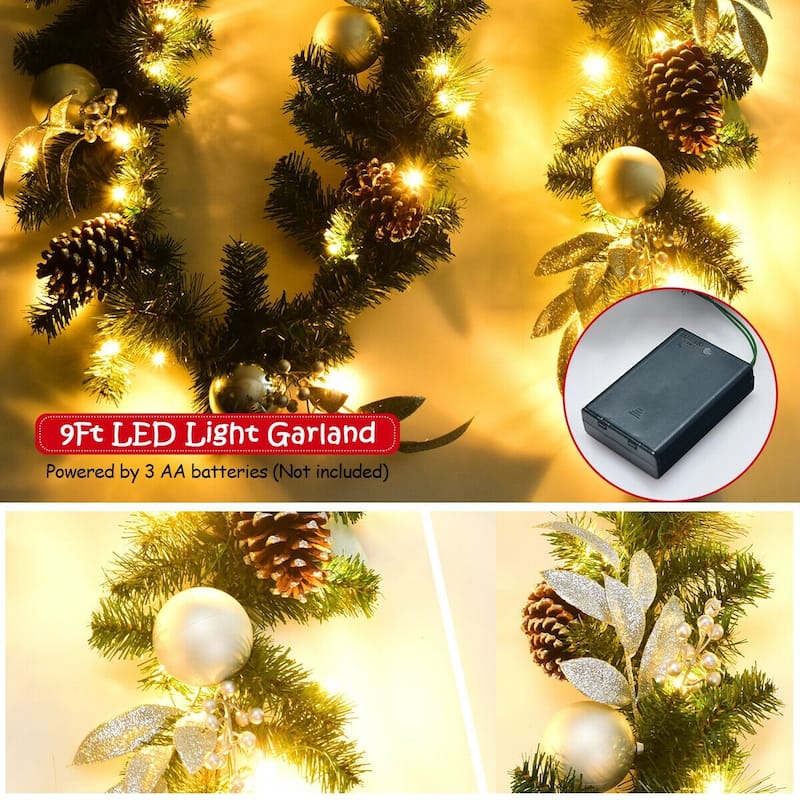 Lifelike 9ft Artificial Christmas Garland with 50 LED Lights Pine Needle Foliage and Decorative Accents