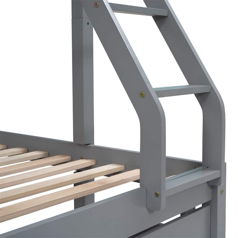 Merax Full Over Twin & Twin Bunk Bed, Wood Triple Bunk Bed with Drawers and Guardrails