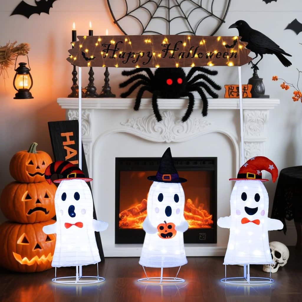 Halloween Lighted 3 Pop up Ghosts Pre-lit Happy Halloween Sign