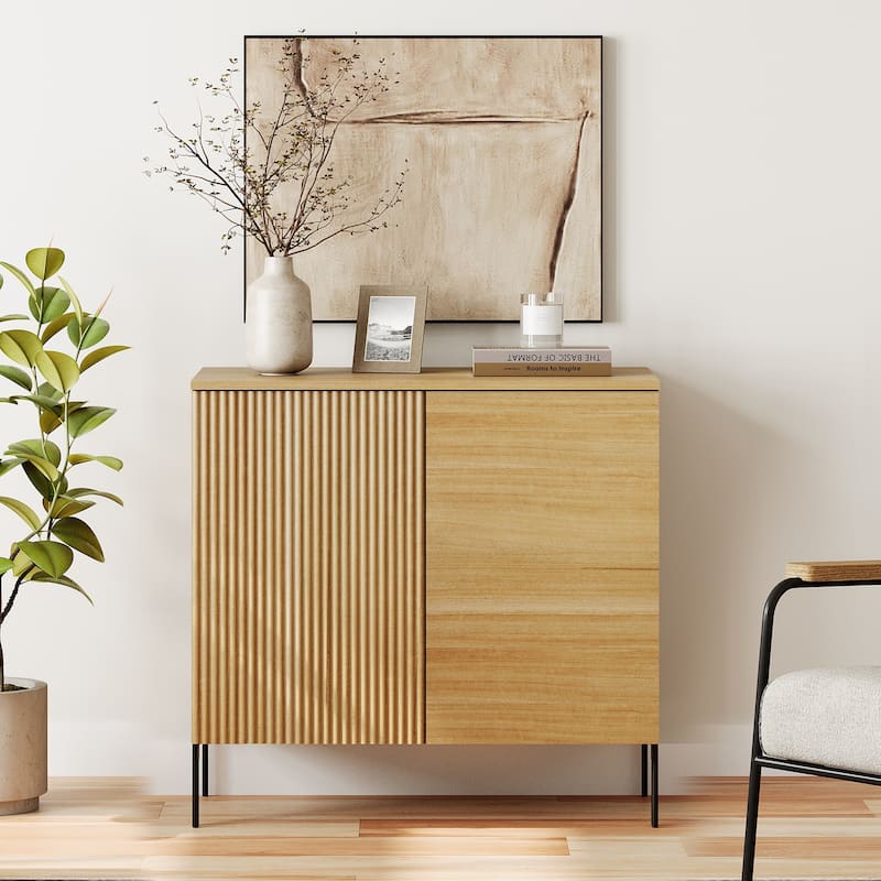 31.5" Wooden Reeded Sideboard With 2 Doors, Modern Credenza Storage Cabinet