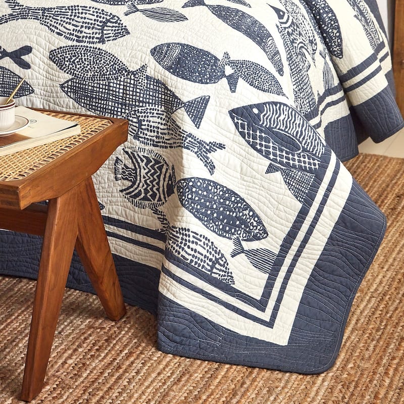 Cotton Nautical Fish Print Quilt Bedspread Set