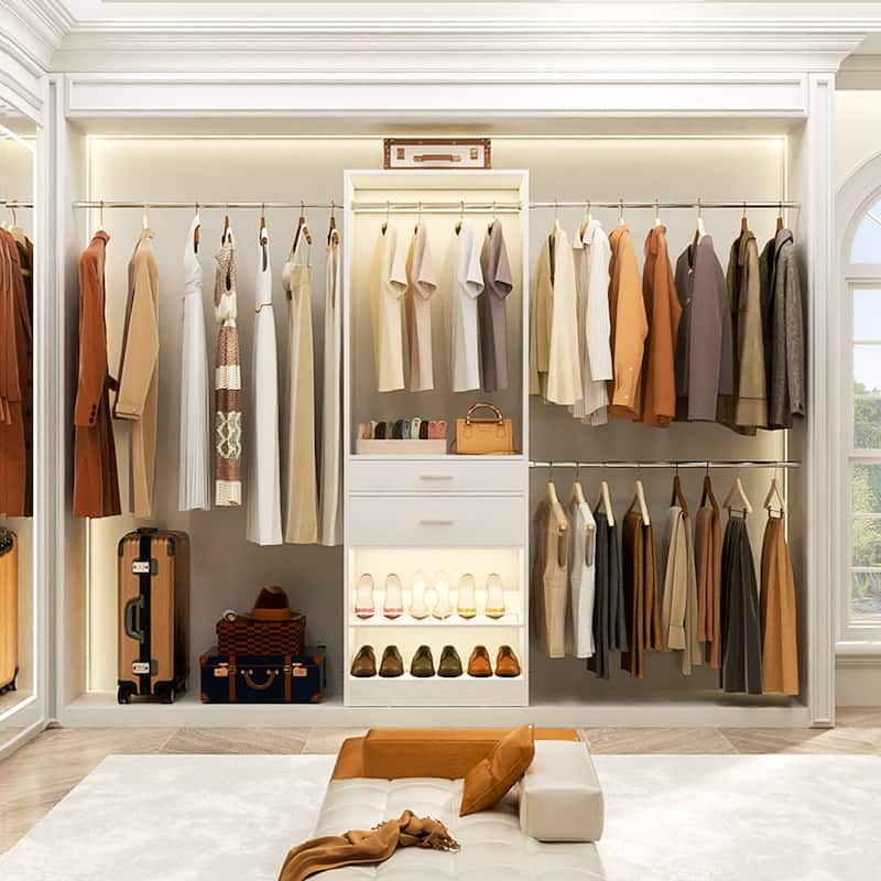 69-96" W Adjustable Closet System with 2 Wooden Drawers and 2 Hanging Rods,Closet Organizer with Shoe Rack for Walk-in/Reach-in - White