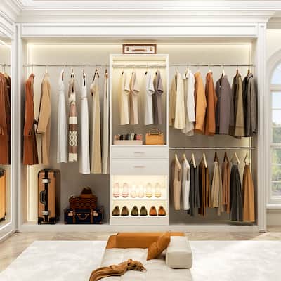 96" W Closet System with 2 Wooden Drawers and Adjustable Shoes Rack,Walk-in Closet Wardrobe Clothes Rack with 3 Hanging Rods