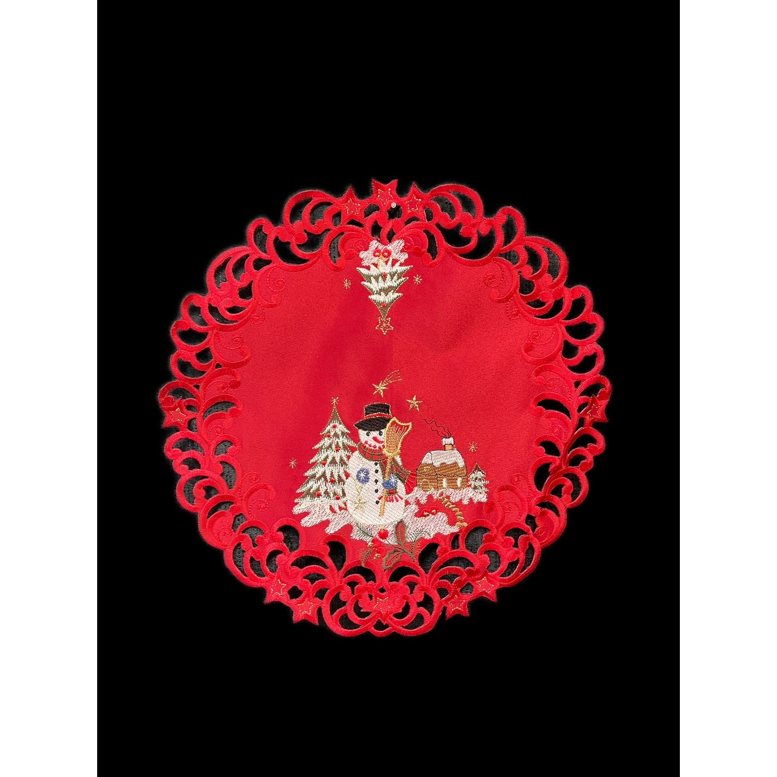 Snow Man Embroidered Cutwork Round Placemat, 15-Inch diameter
