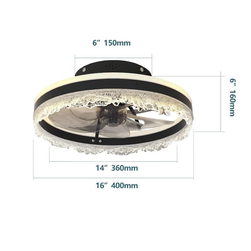 16" Flush Mount Ceiling Fan Crystal Chandelier, LED Crystal Fan Lamp for Bedroom Kids Room Study Room - 16 Inch
