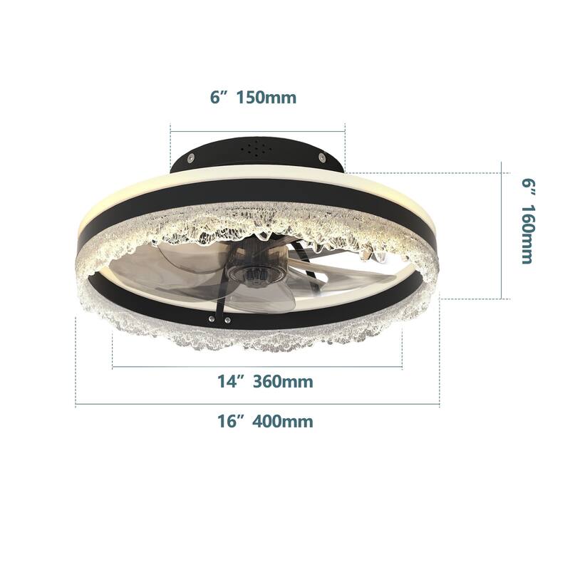 16" Quiet Ceiling Fan with Light - LED Crystal Flush Mount Fan Lamp with Hidden Blades and Natural Airflow - Black