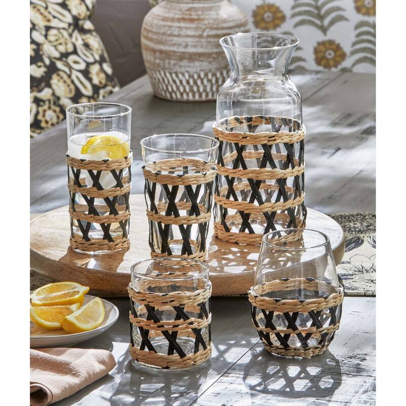 Island Collection Claer Glass Short Tumber Drinkware with Cattail Straw and Paper Weave Sleeve, 14 oz.