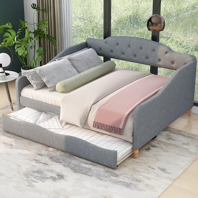 Full Size Vintage Upholstered Daybed with Trundle, Button Tufted Backrest and Headboard, Nailhead Trim