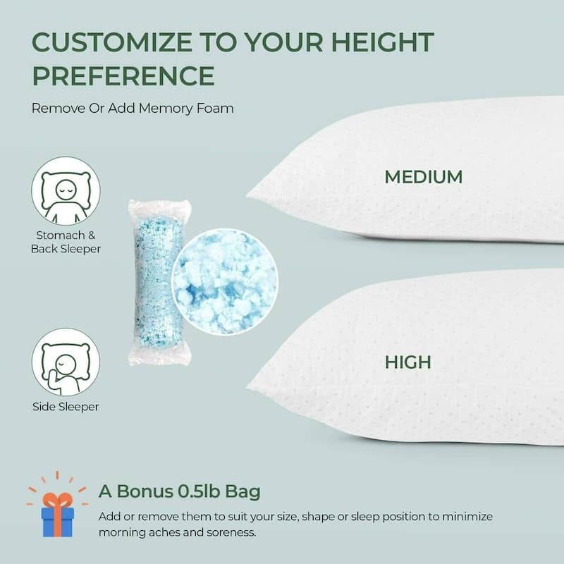 Washable Shredded Memory Foam Pillow Hypoallergenic Pillow Cover King