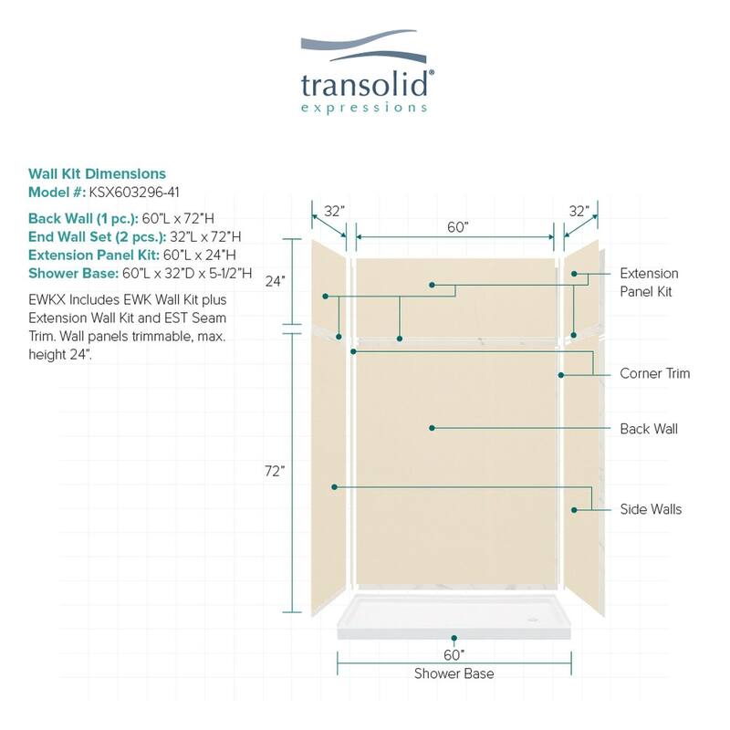 Transolid Expressions 60-in X 32-in X 96-in Glue to Wall Shower Kit - 32" x 60" x 96" - 32" x 60" x 96"