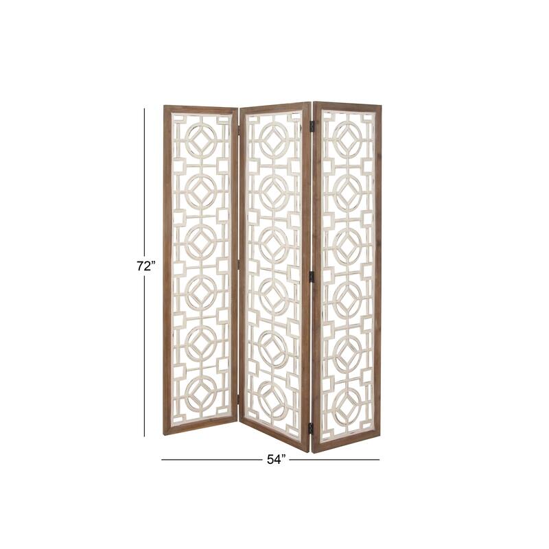 Wood Geometric Hinged Foldable Partition 3 Panel Room Divider Screen with Intricately Carved Designs - White - Roche River Decor