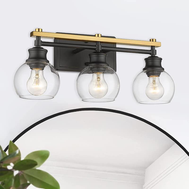 3-Light Modern Bathroom Vanity Light with Clear Globe Glass Shade,Black and Gold Finish