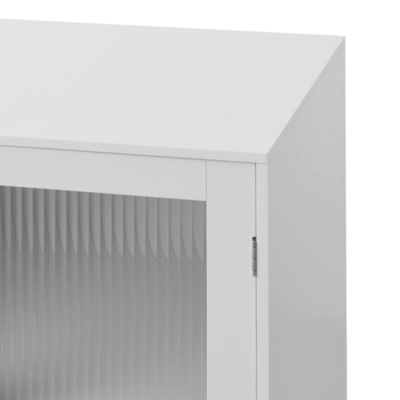 Anmytek Fluted Glass Double Door Cabinet White Modern Cabinet Storage Sideboard with Tapered Legs