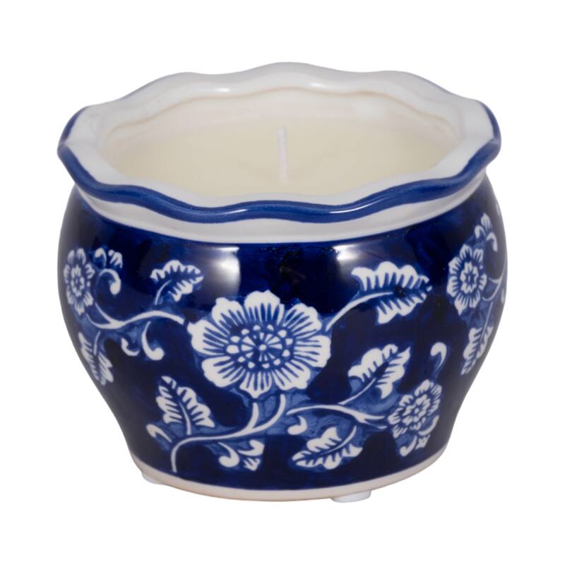 Sagebrook Home Ceramic Chinoiserie Candle 4" - 7oz, Blue and White - 4" x 4" x 3" - 4" x 4" x 3" - Floral Blue/white
