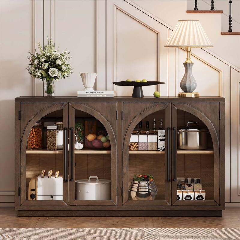 4-Door Storage Cabinet with Glass Doors and Arched Design - Espresso