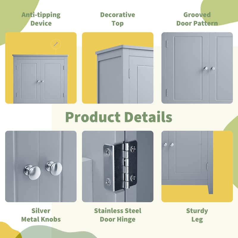 Floor Storage Cabinet, Bathroom Freestanding Cabinet with 4 Doors, Door Racks and Adjustable Shelves - Anti-tipping Device