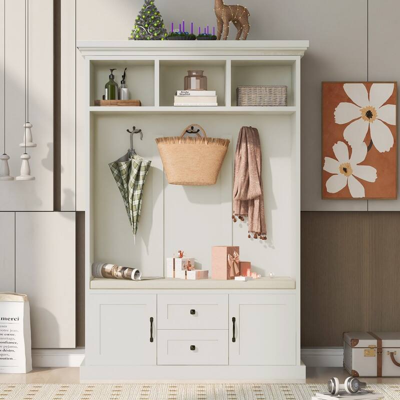 47inch 3-in-1 Hall Tree with Cushion, Entryway Bench