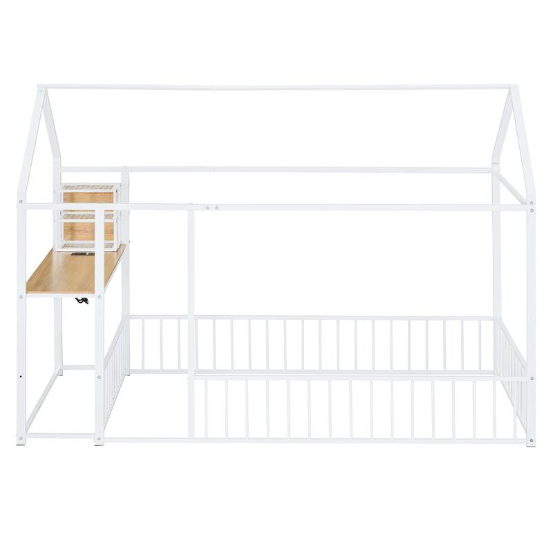 Twin Size Metal House Platform Bed Frame with Built-In Desk, USB Charging And Storage Shelves
