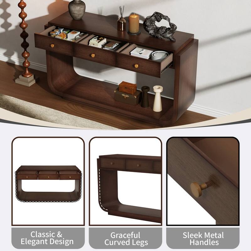Mid-Century Modern Console Table with 3 Storage Drawers and Display Shelf for Entryway or Living Room Use