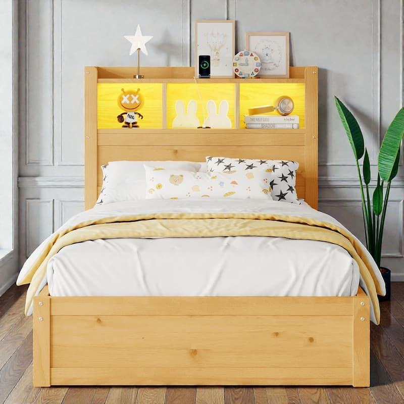 Wood Bed with Storage Headboard, Drawers and Pull Out Cabinet, Twin Full Bed with LED Light and Socket - Natural - Twin