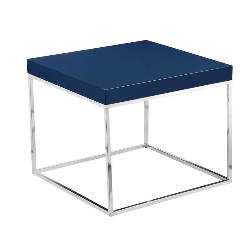 Zen 24 Inch Side End Table, Square, Polished Blue Top, Chrome Metal Finish