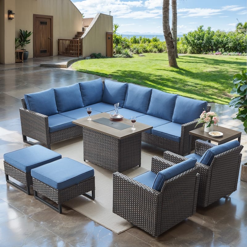 Wicker Sofa Glider Chair Set with Fire Pit Table- Blue cushion - Brown - Blue - Brown
