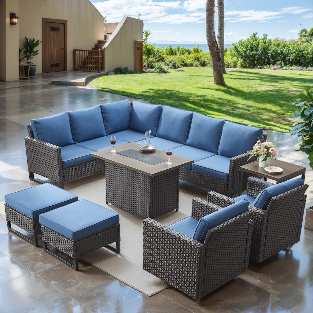 Wicker Sofa Glider Chair Set with Fire Pit Table- Blue cushion - Brown