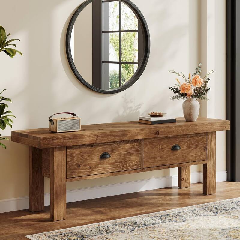 Farmhouse 55" Solid Wood Bench with 2 Drawers for Hallway, Mudroom, Bedroom - Brown