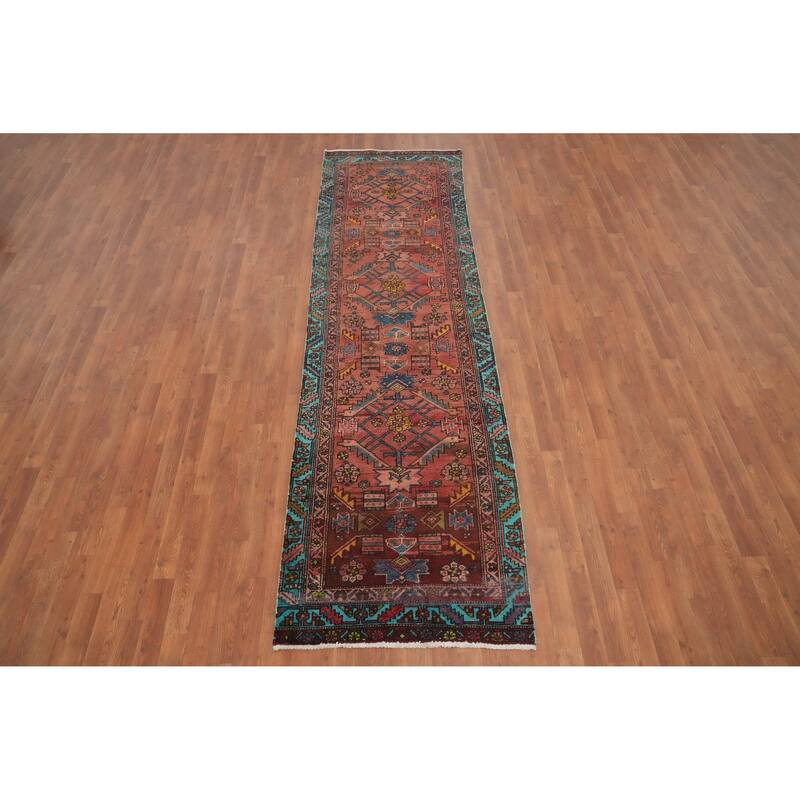 Hand Knotted Oriental 100% Wool Carpet Traditional Geometric Oranges & Rust Heriz Runner Rug - 10' 7'' X 2' 11''