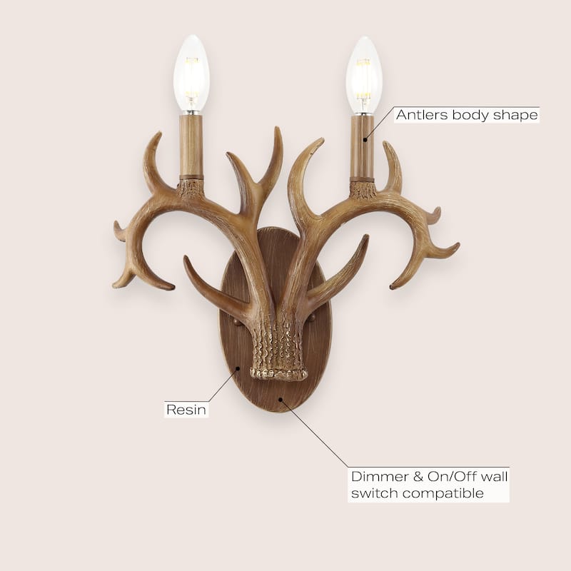 Wyatt 13.25" 2-Light Southwestern Bohemian Resin/Iron Faux Antler LED Sconce, Brown Wood Finish by JONATHAN Y