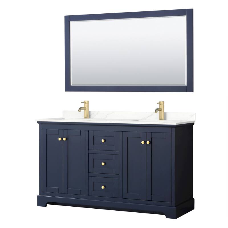 Avery 60-inch Double Vanity, Quartz Top, 58-inch Mirror - Dark Blue, Gold Trim, Giotto Quartz Top