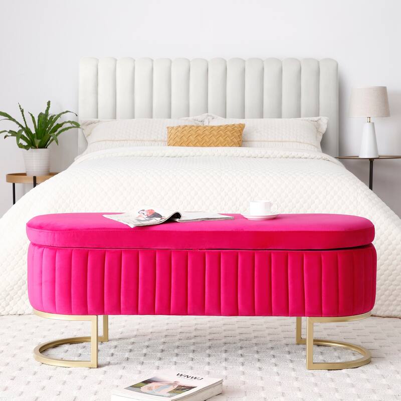 Storage Bench Bedroom Bench, Velvet Oval Upholstered End of Bed Bench with Golden Metal Legs, 50" Storage Ottoman Bench