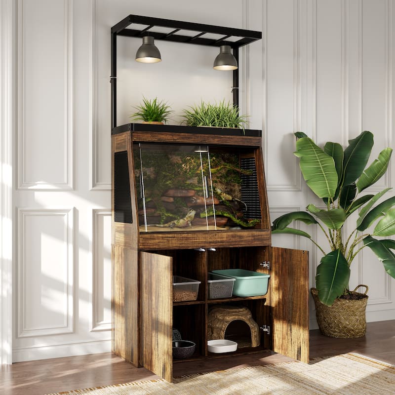 Multi-Functional Reptile Terrarium Cabinet with Sliding Glass Doors, Plant Shelf & Storage Base Vivarium Stand with Lighting Bar