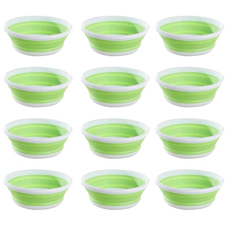Plastic Round Collapsible Washbasin Dishpan Collapsible Saving Space, 5.5 Quart - Pack of 12 - Green
