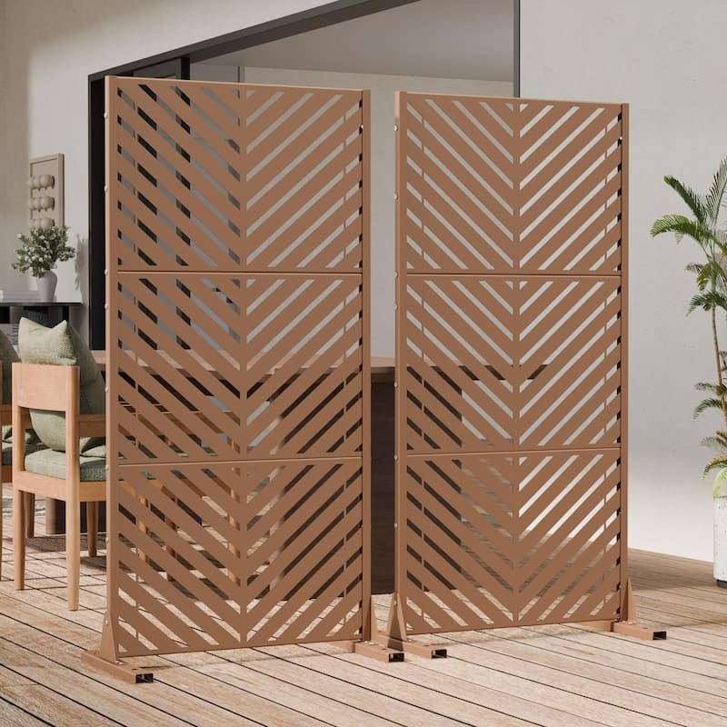 Outdoor Privacy Screen 2-Panel Chevron Metal Privacy Fence with Wind-Resistant Base Durable Decorative Divider - 60"H x 60"W - Brown