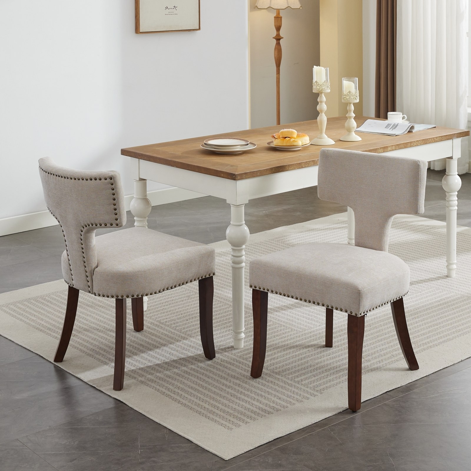 Mid Century Modern Dining Chairs Set of 2 Farmhouse Linen Fabric Upholstered Accent Chair w/ Curved Backrest & Copper Nails