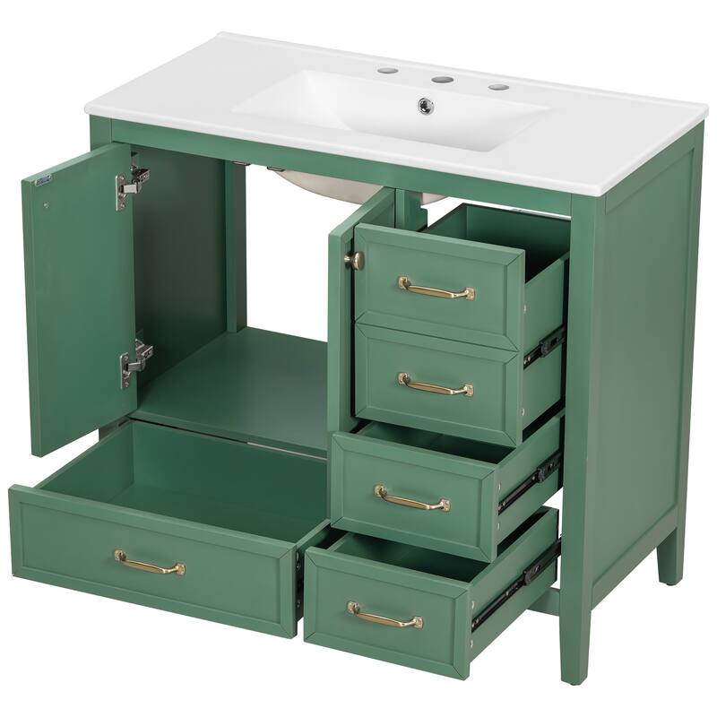 36" Bathroom Vanity with Sink, Bathroom Cabinet with Soft-Closing Door, 4 Drawers of Different Sizes, Solid Wood Frame and Leg