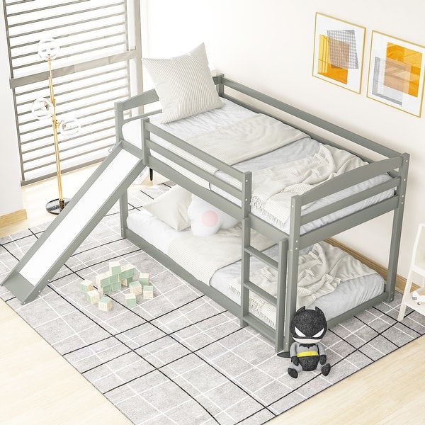 slide 2 of 15, Twin Over Twin Bunk Kids Bed Frame with Convertible Slide and Ladder,Grey Grey