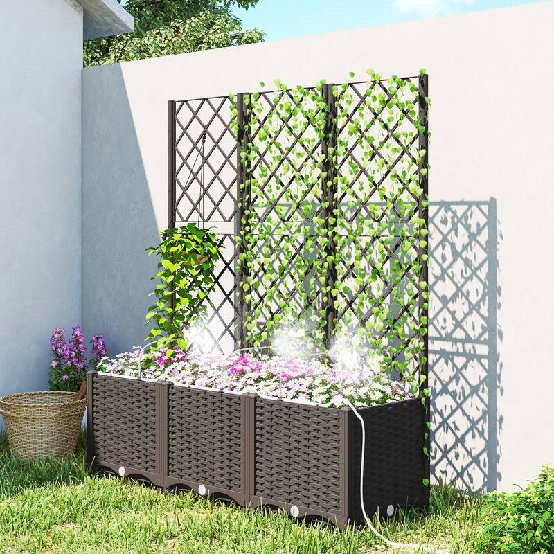Outsunny 3PCS Plastic Planter Box with Trellis, Self-Watering Raised Garden Bed with Trellis ,Brown - Brown