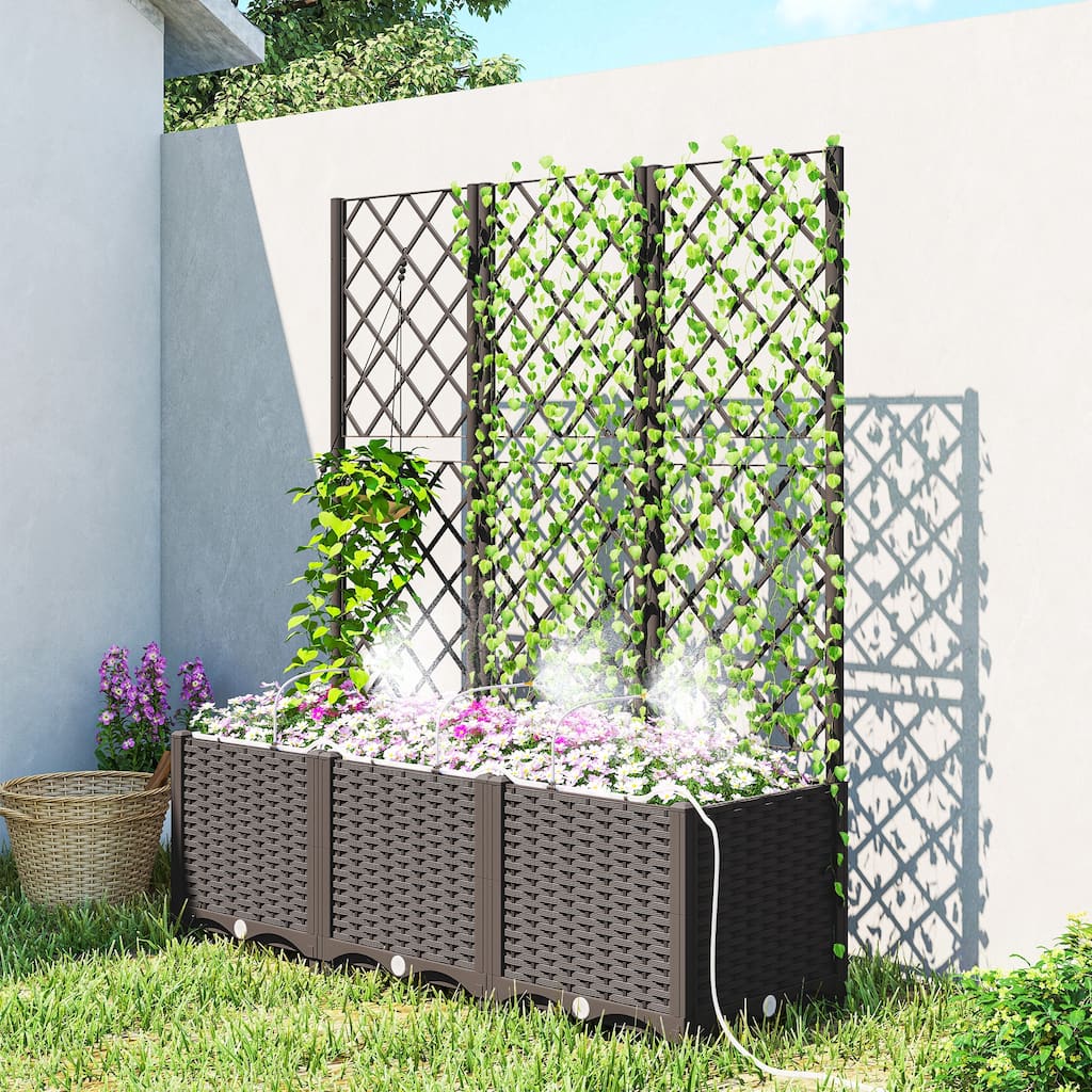 Outsunny 3PCS Plastic Planter Box with Trellis, Self-Watering Raised Garden Bed with Trellis ,Brown