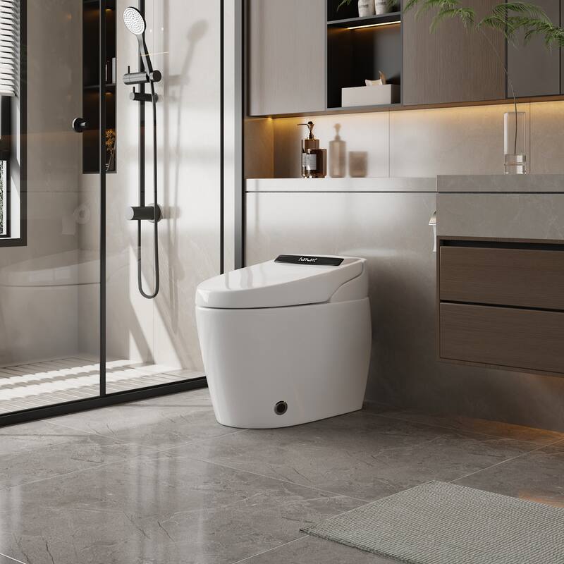 Smart Toilet with Automatic Lid, Heated Seat, Foot Sensing Flush, Warm Air Dryer & Self-Cleaning Nozzle with Built-in Tank