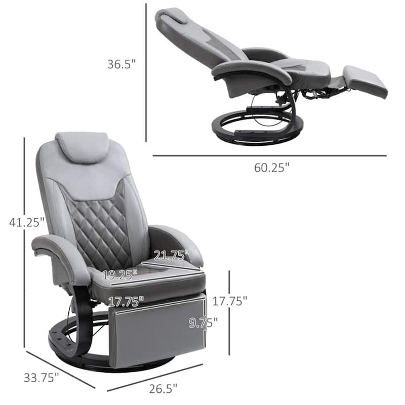 Grey PU Leather Recliner Chair with 360 Swivel Manual Recline Footrest Cup Holders and Side Pockets for Living Room