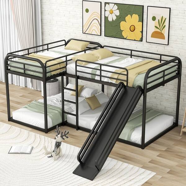 slide 2 of 13, Full and Twin Size L-Shaped Metal Bunk Bed with Slide and Short Ladder, 4 Beds in 1 for Family or Guests Black