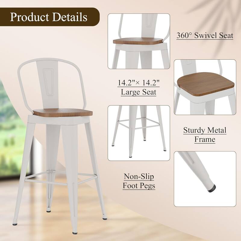 Swivel Counter Stools with Metal Frame Farmhouse Counter Chairs with High Back 24" Kitchen Bar Furniture Stools with Wooden Seat